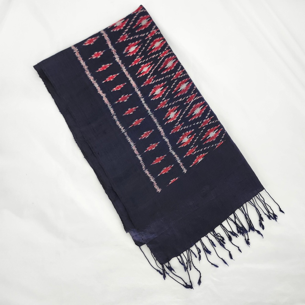 Navy Blue Red Ikat Womens Boho Chic Scarf Fringed Wrap Shawl Tribal Artisan